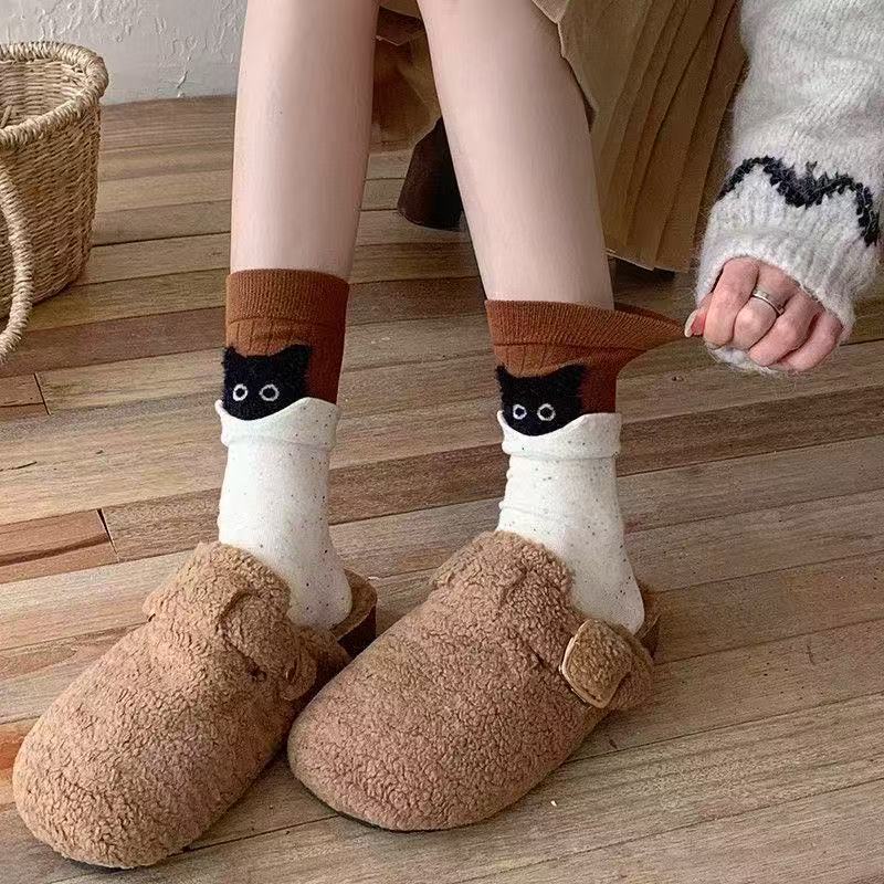 Korean Style Trendy Sweet Cute Soft Cotton Socks Women's Color-blocked 3D Cartoon Kitten Mid-calf Socks
