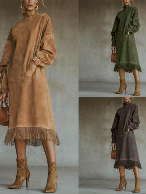 European-American Retro Suede Tassel Long Sleeve Dress with High Collar and Pockets