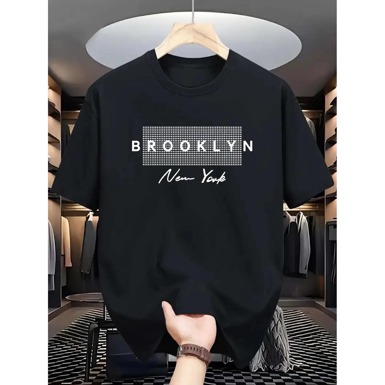 

Summer 2026 Brooklyn New York Grid Print T-Shirt for Men Casual Crew Neck Short Sleeve Tee _ Trendy Streetwear Tops Ideal S чёрный