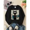 Unisex Crewneck Sweatshirt - Black Cat Hanging Clothes On Line Machine Washable, Spring And Autumn, Sportswear And Casual Wear, Soft And Comfortable