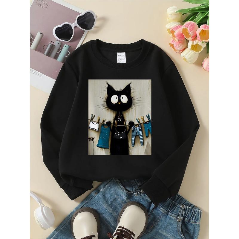 Unisex Crewneck Sweatshirt - Black Cat Hanging Clothes On Line Machine Washable, Spring And Autumn, Sportswear And Casual Wear, Soft And Comfortable