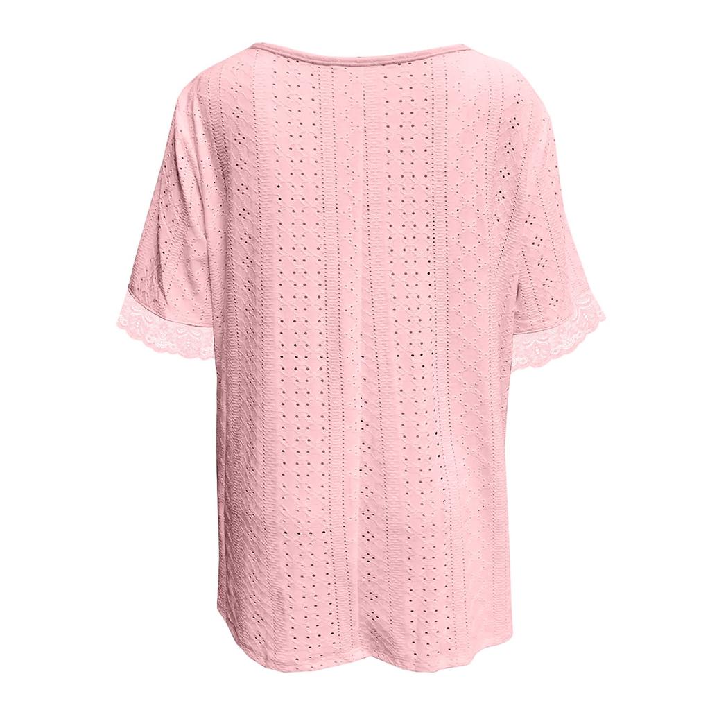 Women's Solid Color V-neck Loose Short Sleeved Pleated T-shirt Top