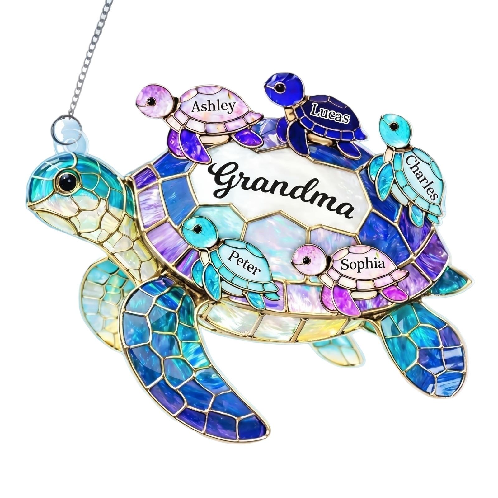 

Acrylic Turtle Suncatcher Hanging Ornament 8 Inch Decorative Piece with Multiple Small Turtles and Central Name Plate for Window Display one size