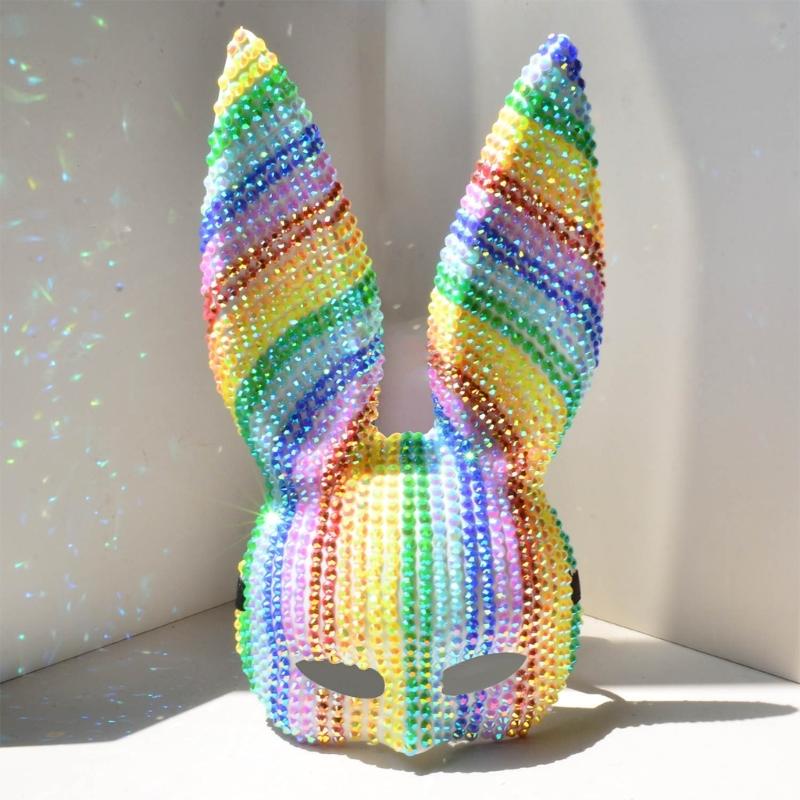 Colorful Rhinestones Masquerade Mask Long Bunnies Ear Mask For Men Women Halloween Masquerade Cosplay