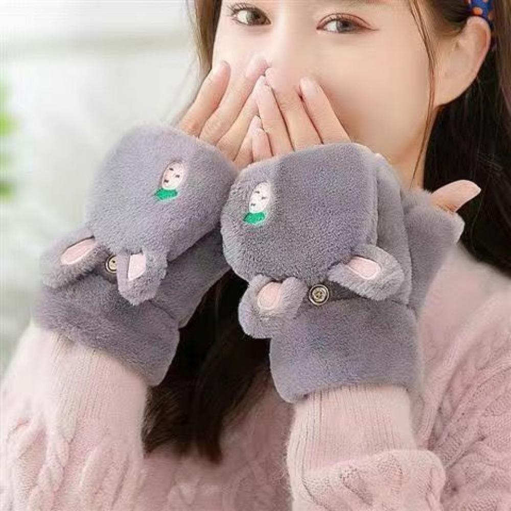 Gloves women's autumn and winter cute riding Korean version of trendy cartoon velvet thickened student male writing flip gloves keep warm