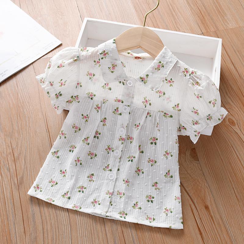 

Летняя одежда для девочек, рубашка с короткими рукавами из чистого хлопка с цветочным принтом, детский кардиган для девочек, летняя мода, новый тонкий топ 140cm белый