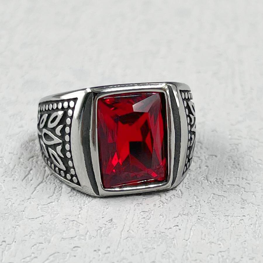 Vintage Gothic Edelstahlringe für Männer und Frauen Gravierte Blumen mit rotem großem Stein Schmuck