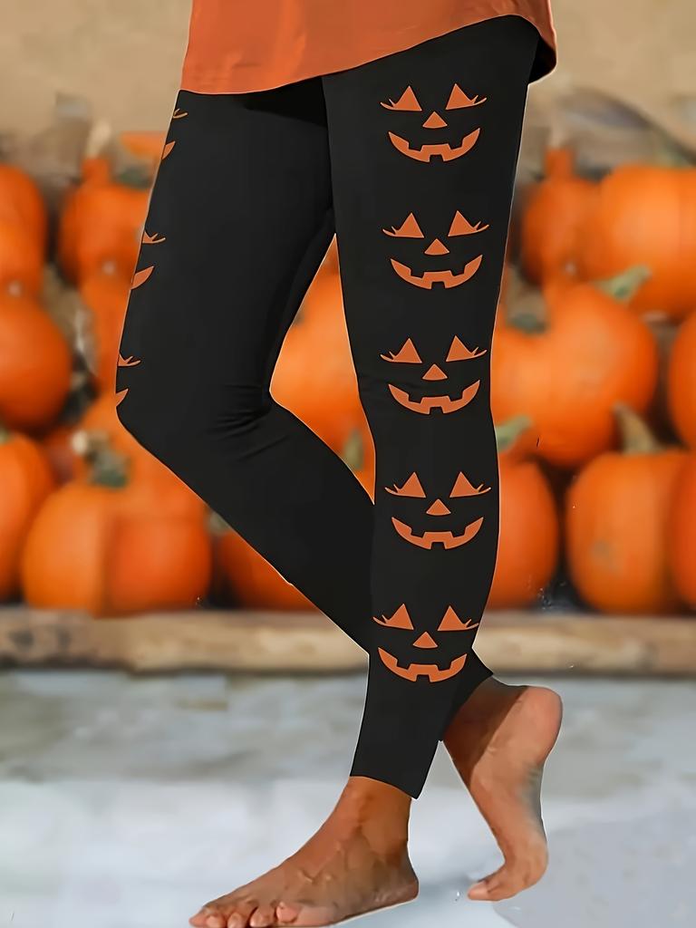 Halloween Women's Pumpkin Smiley Face Pattern Printed Black Leggings Casual Funny Tricky