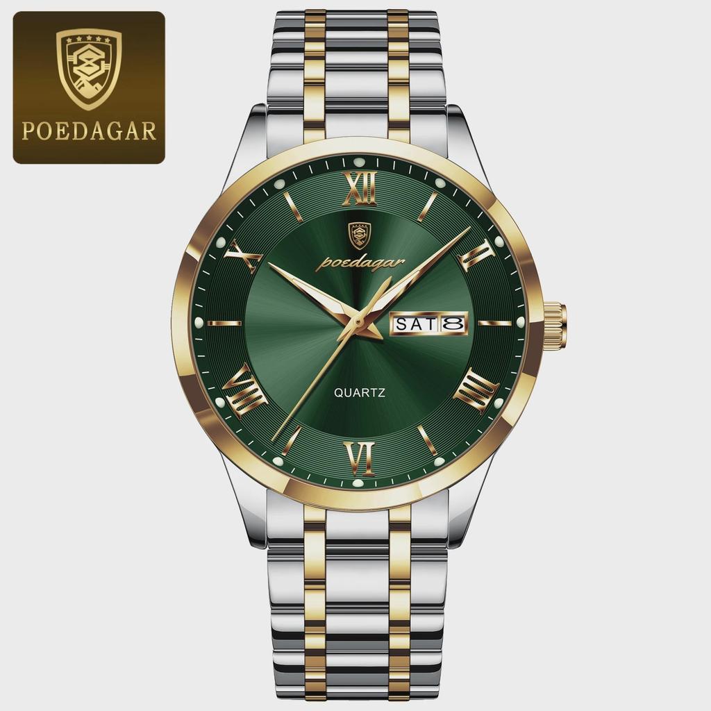 POEDAGAR Luxury Man Clock Waterproof Luminous Week Date Fashion Men's Wristwatch Stainless Steel Business Quartz Watches For Men