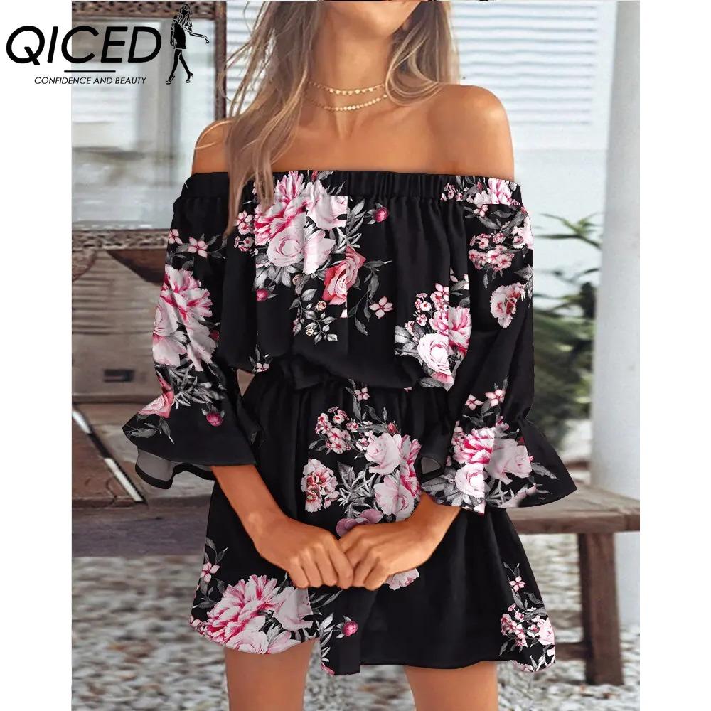 QICED Women Floral Print Mini Dress Summer Sexy Off Shoulder Flare Sleeve Tunic Dress Female Casual Boho Beach Dress