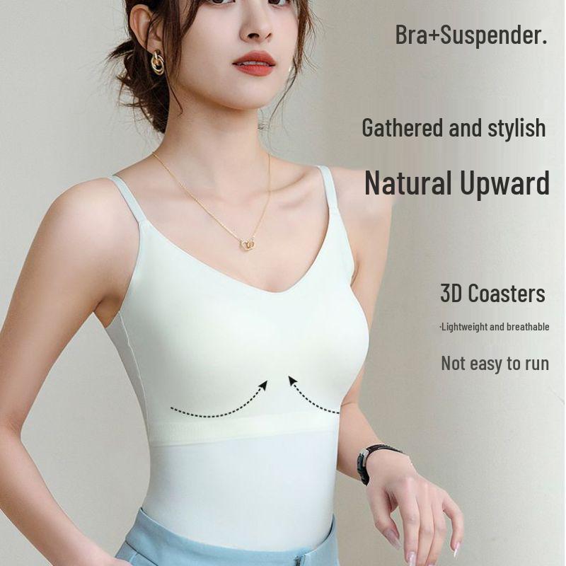 Seamless Ice Silk Camisole Bra with Fixed Push-Up Cups for Spring/Summer – Women's Base Layer for Inner and Outer Wear