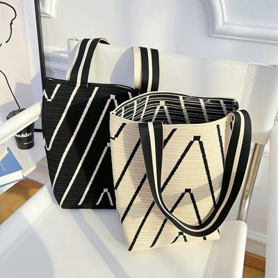 Wave Stripes Pattern Crochet Top Handle Bag for Women  Literary Mesh Tote  Large Shoulder Bag  Fashion