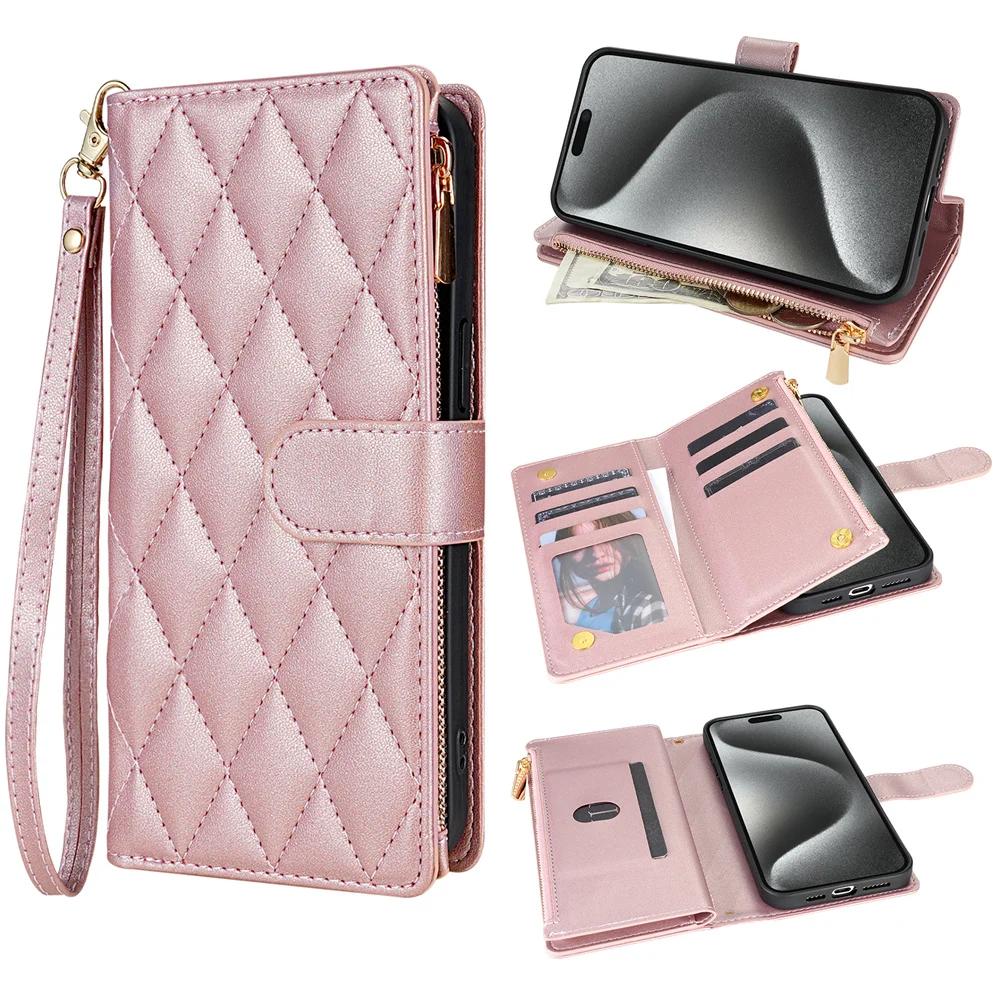Wrist Strap Crossbody Phone Case for IPhone 16 15 14 11 13 12 Mini X XR XS Pro Max 8 Plus Wallet with Card Holder Leather Cover