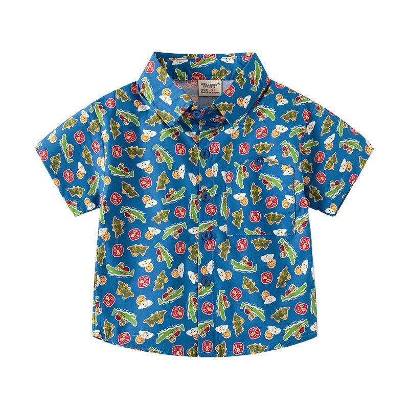 Boys' Car Printed Shirt Pure Cotton Summer Baby Boy Short Sleeve Shirt Children Dinosaur Half Sleeve Tops Seaside Vacation