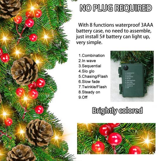 Yousheng 270CM Christmas Artificial Pine Garland with LED Light Red Berries Pinecone Glowing Faux Pine Needle Rattan Mantle Fireplace Porch Hanging