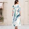 Women Plus Size Round Neck Keyhole 3 4 Sleeve Abstract Floral Gradient Print Maxi Dress