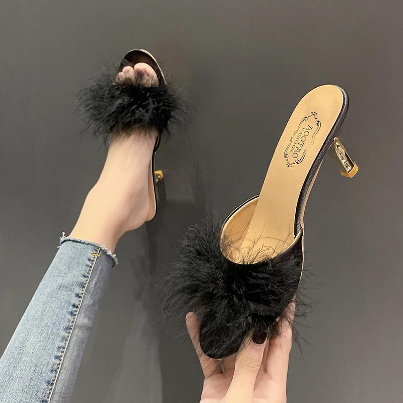 Newest Mules Sandals Women Summer Outdoor Slippers Square Toe High Heels Office Ladies Feather Slides Chic Classics Furry Shoes