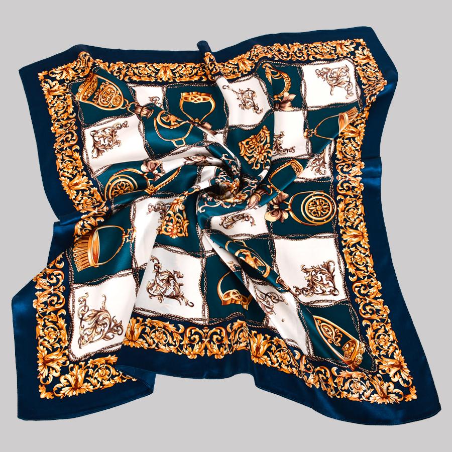 BYSIFA|New Fashion Ladies' Scarves Luxury Blue Gold 100% Silk Scarf Hijab 90*90cm All Match Fall Winter Female Square Scarf Cape