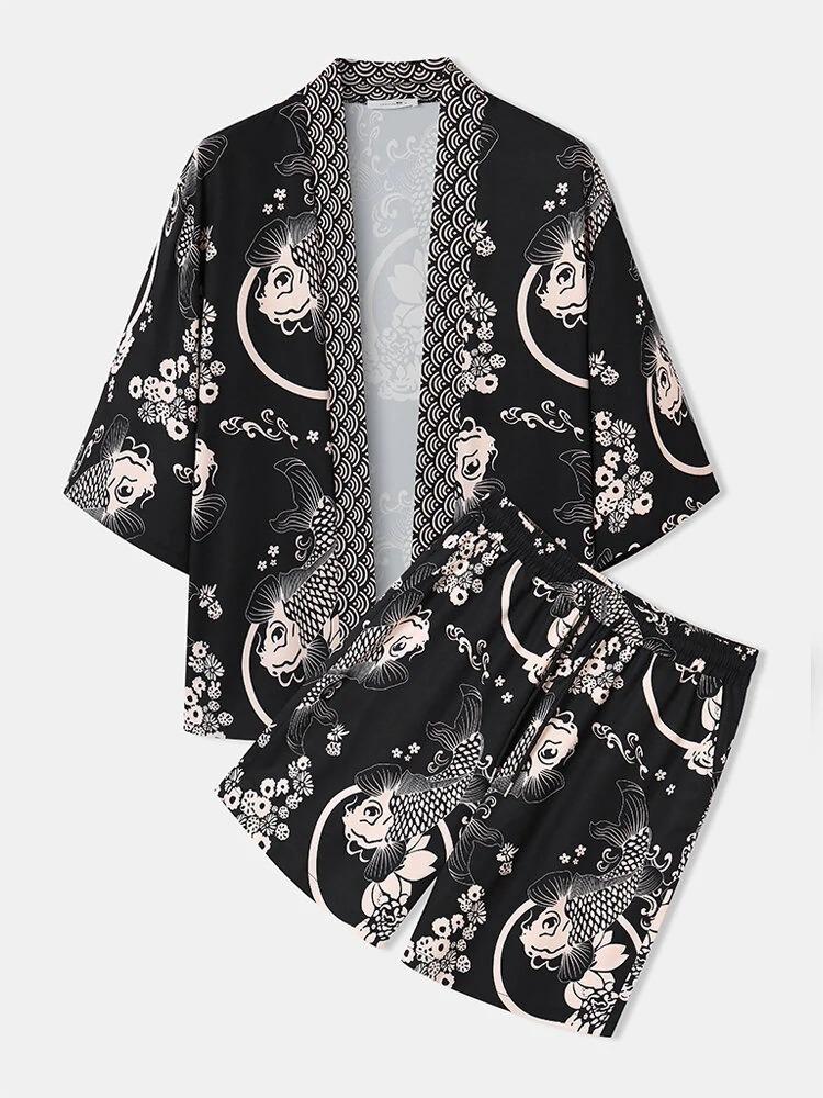 2026 New national style Hawaiian vacation ukiyo-e painted seven-quarter-sleeved Taoist robe 3D printed carp kimono cape