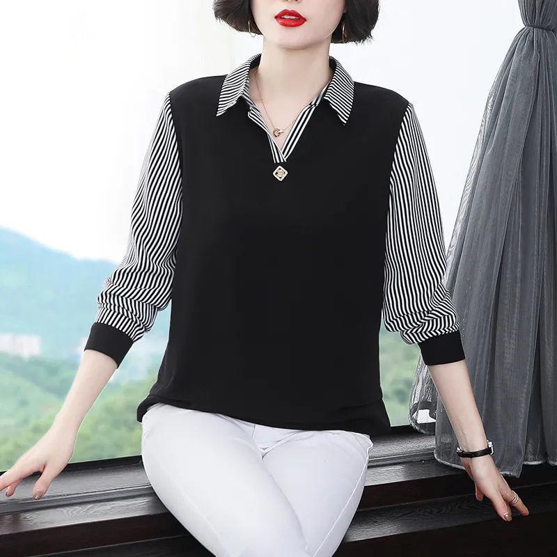 Western-style Mom Shirt Age-reducing Middle-aged and Elderly Splicing Polo Collar Bottoming Shirt Long-sleeved for Women
