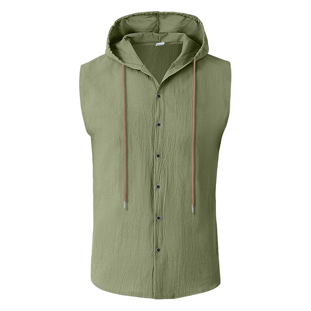 Men Sleeveless Hooded Vest Button Front Linen Cotton Blend Casual Lightweight Summer Shirt Outerwear
