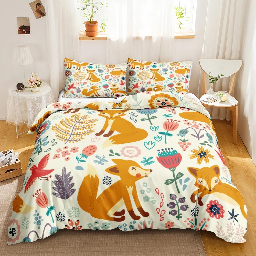 Cartoon Fox Bedding Set Cute Fox With Flower Feather Headband Duvet Cover Twin Full Queen King Polyester Duvet Cover Girls Boys