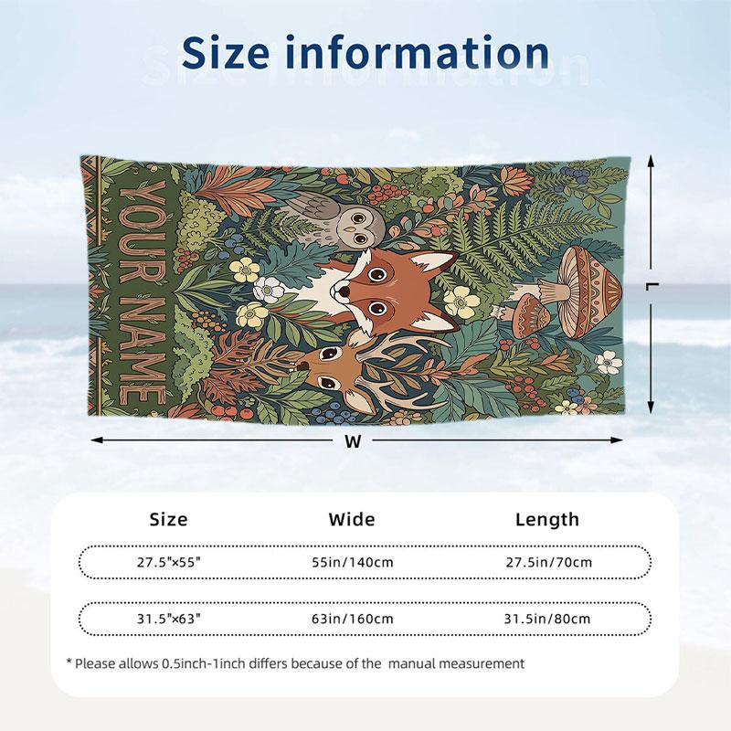 Forest Fox Fantasy Theme Quick Dry Beach Towel Custom Name Text Print Large Sand Resistant Towel Beach Vacation