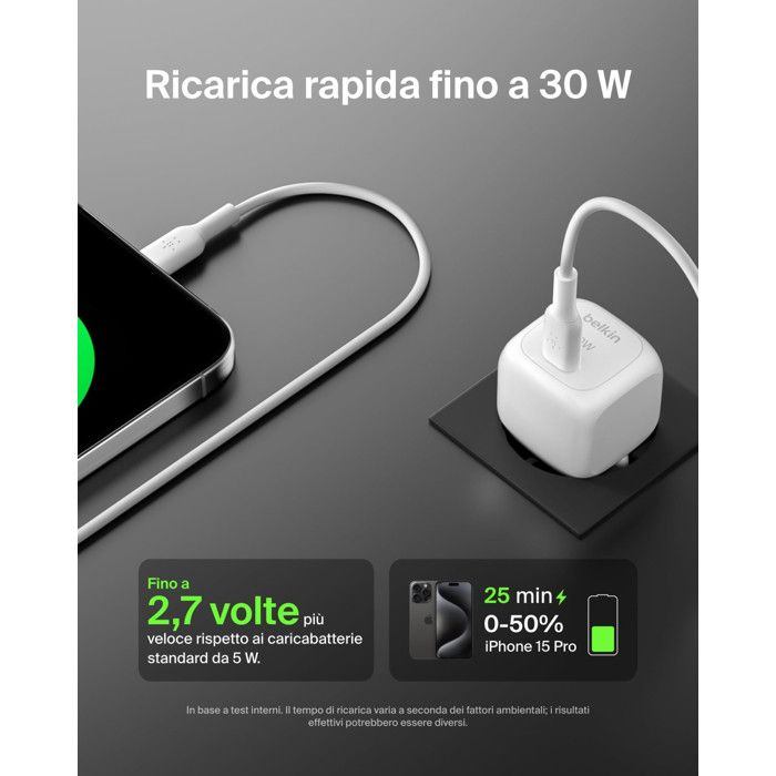 Belkin Caricabatterie USB-C 30W Rapido Da Muro Per iPhone iPad Samsung Galaxy Bianco