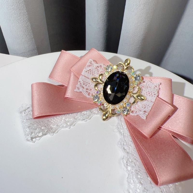 Elegante Spilla a Forma di Fiocco in Pizzo e Nastro per Donna, Nodo Pre-annodato, Jabot, Collo con Strass, Cristallo per Eventi Formali