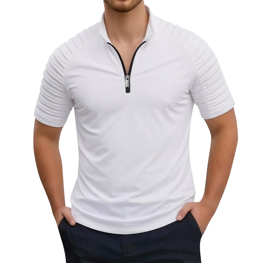 Men's Stand Up Collar 1/4 Zipper Striped Top  Men's Casual And Comfortable Short Sleeved Top