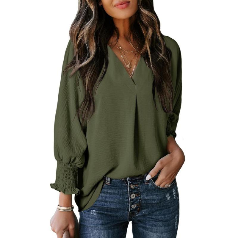 Women V Neck Long Sleeve Smocked Cuff Pleated Casual Blouse