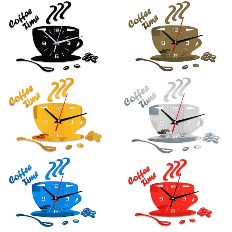 Horloges Murales 3D Miroir en Forme de Tasse à Café Design Moderne Autocollant d'Horloge Murale Créative Pour DIY Cuisine Salon Décorations de Maison