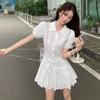 Commuter style button pleated bubble sleeve polo collar dress temperament women's summer solid color pleated short skirt export wholesale