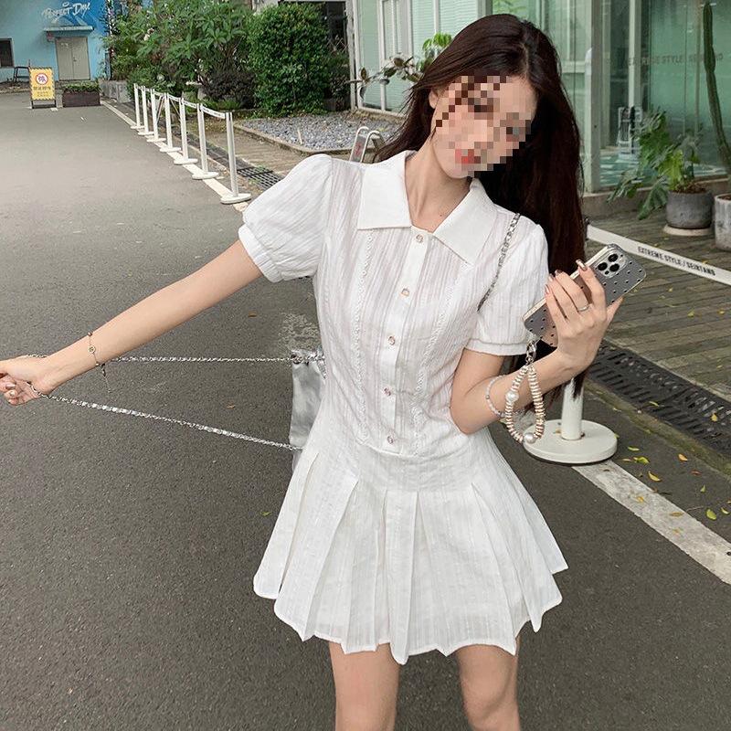Commuter style button pleated bubble sleeve polo collar dress temperament women's summer solid color pleated short skirt export wholesale