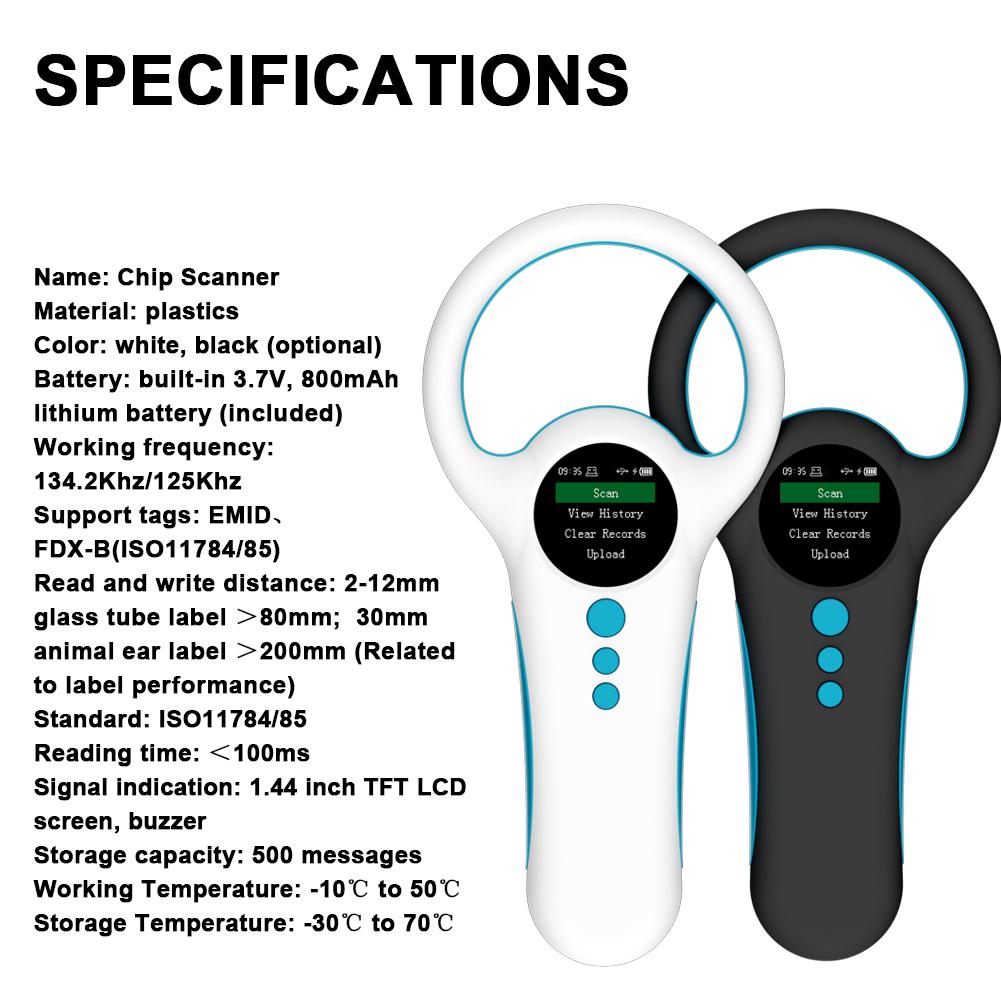 Handheld Portable Animal Chip Scanner 1.4inch TFT LCD Display Chip Reader Rechargeable Animal Tags Scanner Support EMID FDX-B ISO11784/85 Label Form