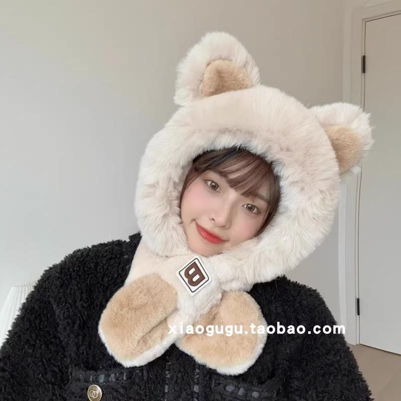 Cute letters bear ears hat scarf integrated female winter student warm fleece thickened two-piece set