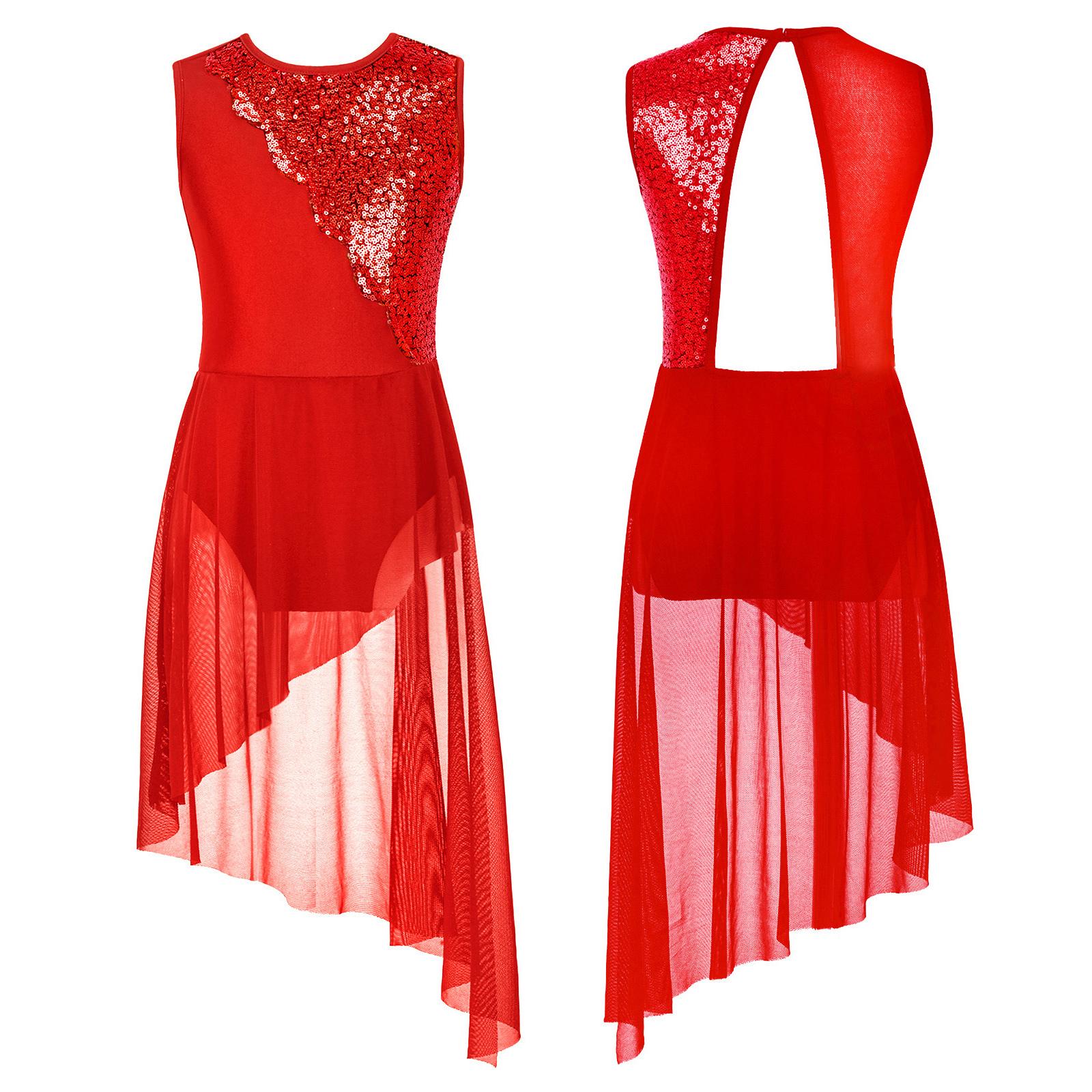

Ліричні танцювальні костюми для дівчат без рукавів, блискучі блискітки з нерівним подолом, сучасне плаття Morden Contemporary 7-8 Years червоний