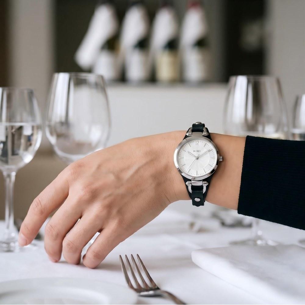 BUREI Women's Watch Silver Japan Quartz Waterproof Slim Black Leather Belt