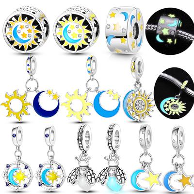 925 Sterling Silver Luminous Star Moon Sun Dangle Beads Glow -In -The -Dark Firefly Charms Fit Original Bracelet Jewelry
