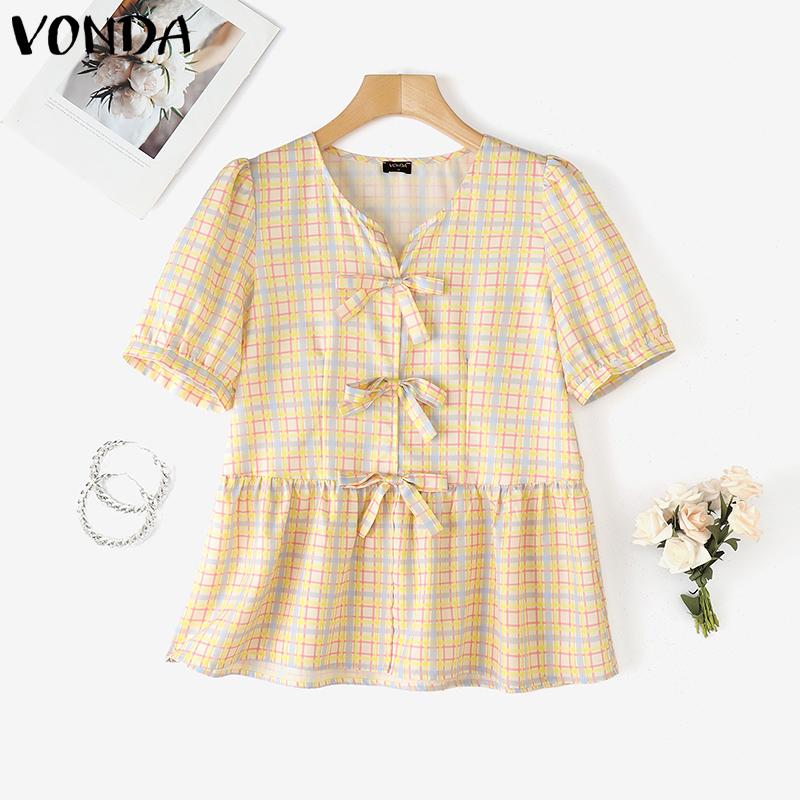 

VONDA Summer Women Short Sleeve Bow Knot Ruffled Plaid Casual Cute Tops Blouse S жёлтый