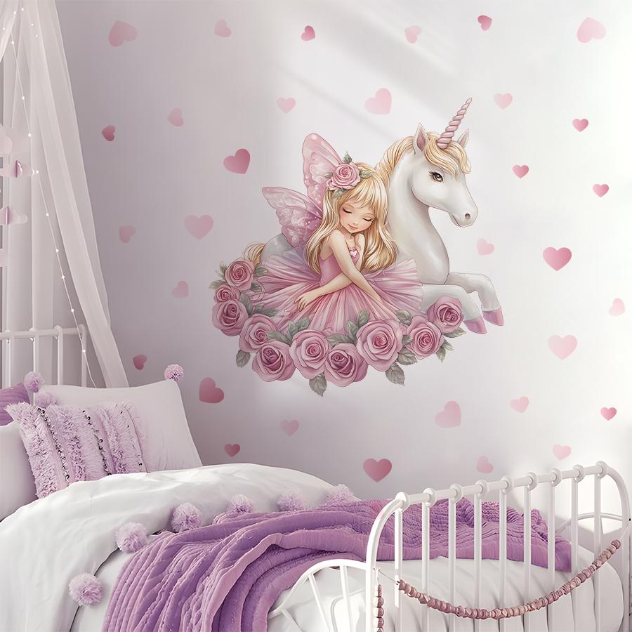 Cute Cartoon Girl & Unicorn Wall Decal Pink Heart Nursery Decor Waterproof Sticker for Kids Playroom Home Decoration