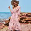Kvinner Bohemia Blomstermønstret Kjole Vår Sommer A-linje V-hals Høy midje Halv erme Midt på leggen Blå Rosa Rose Rød Størrelser S-XL
