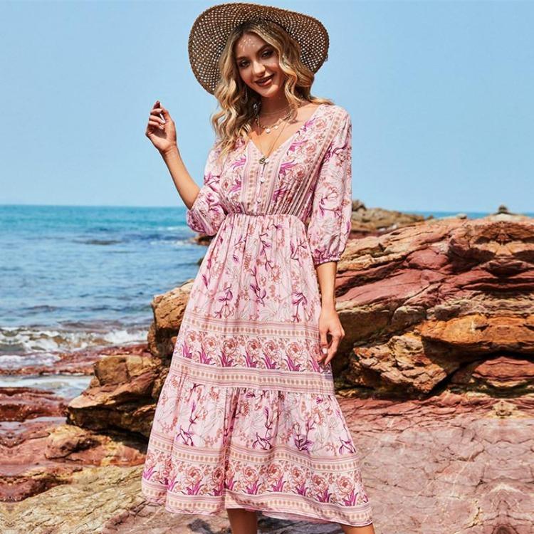Kvinner Bohemia Blomstermønstret Kjole Vår Sommer A-linje V-hals Høy midje Halv erme Midt på leggen Blå Rosa Rose Rød Størrelser S-XL