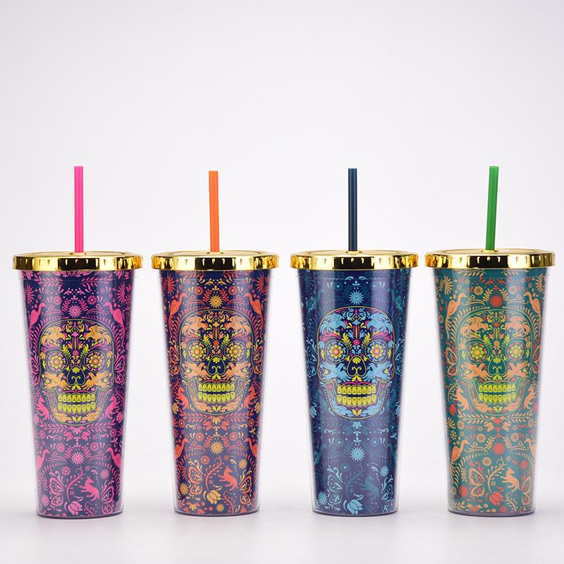 Double Plastic Cup Colored Skull Halloween Party Water Cup Portable Creative Straw Cup