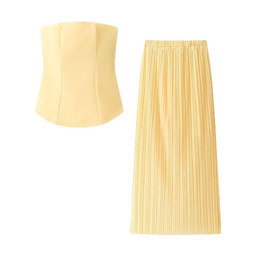 Spring 2025 European & American Style Women's Strapless Pleated Top + High-Waisted Midi Skirt Set