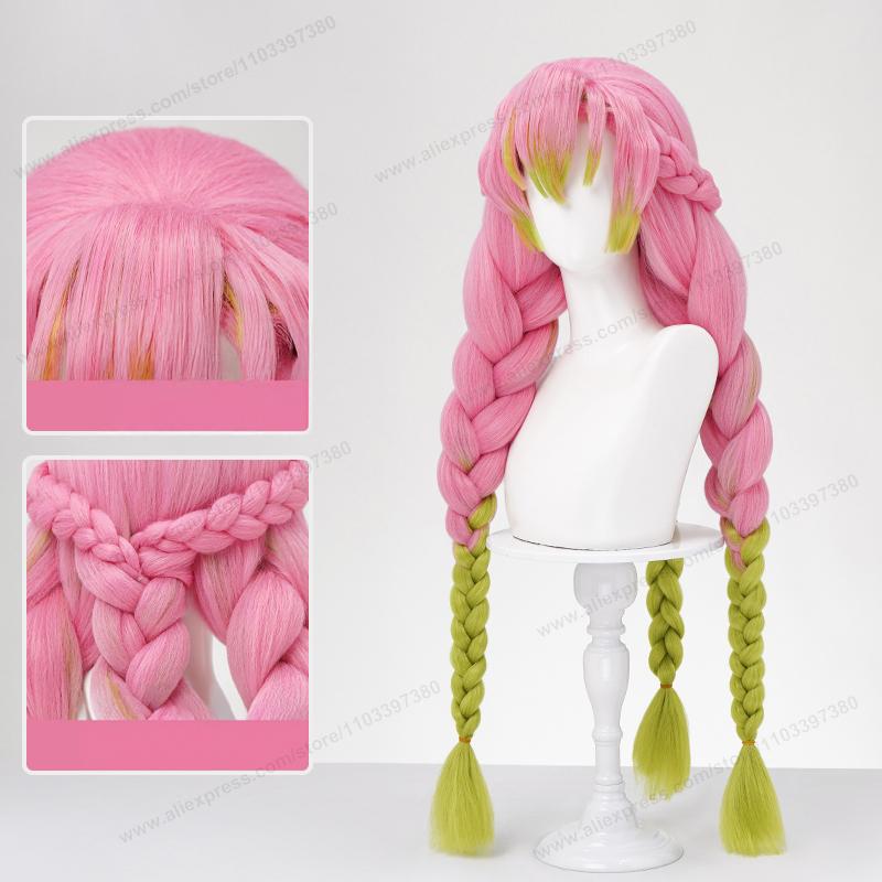 Anime Mitsuri Kanroji Cosplay Synthetische Pruik 80cm Lang Roze Groene Vlecht Hittebestendig Dameshaar Hoge Kwaliteit Volle Yaki Pruiken pink