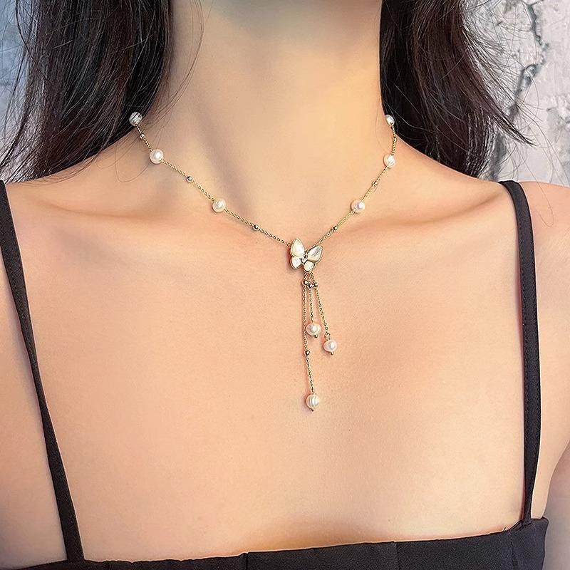 Titanium Steel Butterfly Tassel Necklace with Freshwater Pearls and Mother-of-Pearl