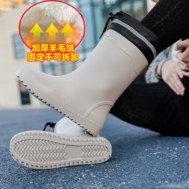 Water shoes high-end medium tube flat-soled rain shoes men's waterproof elastic bundle fixed cotton lint rain boots waterproof rubber shoes