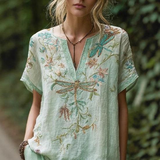 Damenhemd V-Ausschnitt Kurzarm Einfarbig Lockerer Schnitt Pullover Oberteile Stickerei Blumenmuster Sommer Oberteile Täglich