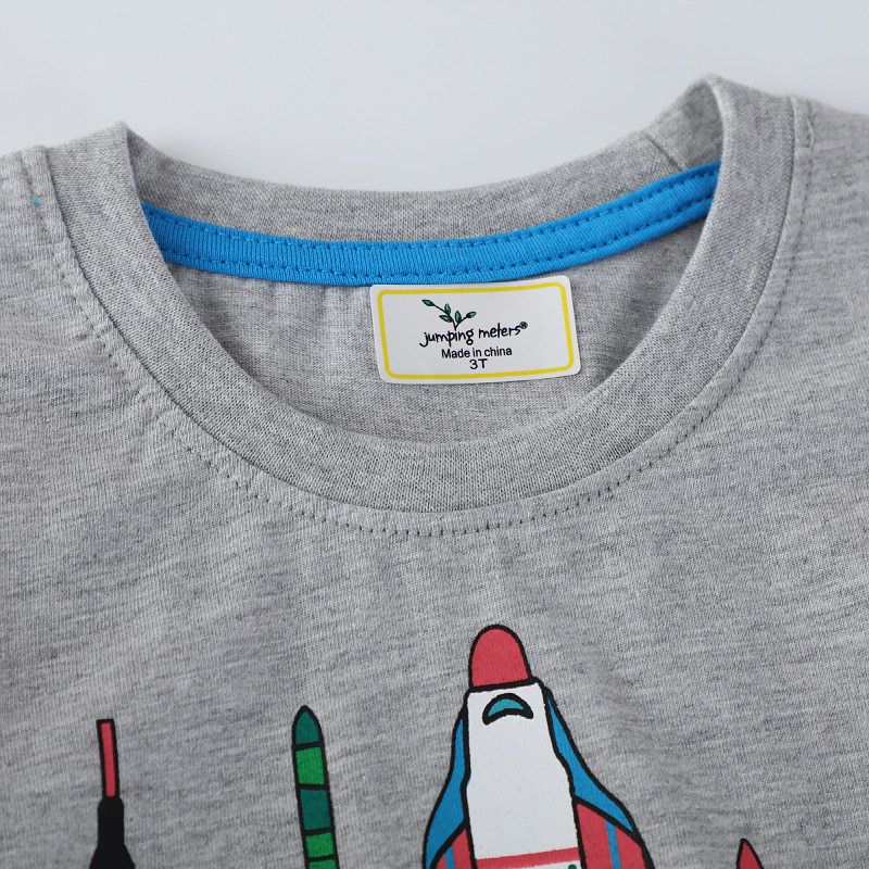European and American Children's Short-Sleeved Clothing 2025 Summer New Gray Boys' Tops with Rocket Print Pattern Factory Wholesale